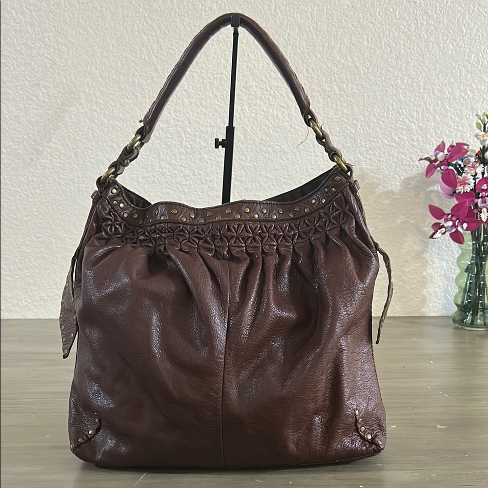 Lucky Brand Brown Leather Hobo Bag with Stud Accents